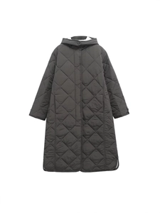 Women's charcoal grey long quilted hooded parka jacket with diamond lattice pattern