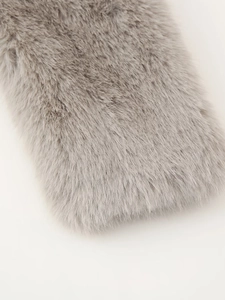 Women's faux fur coat in grey plush fabric featuring a stylish lapel collar design