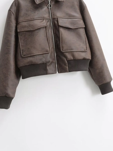 Vintage brown PU faux leather aviator jacket with front pockets and ribbed trim