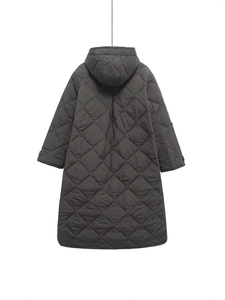 Women's dark grey hooded long coat with diamond quilted pattern for winter warmth