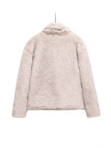 Chic beige faux fur jacket with a soft plush texture shown from the back view