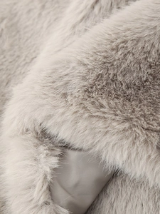 Light taupe faux fur coat with smooth silk lining and premium thick texture details