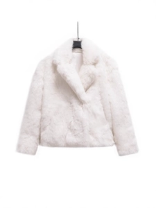 Short white faux fur jacket with wide lapels and soft plush texture on white background