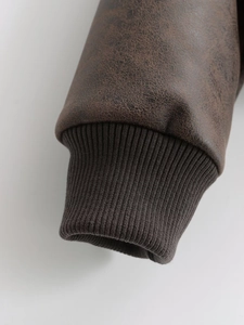 Short faux leather bomber jacket with ribbed cuffs and retro texture for women