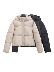 Women Street Fashion Hooded Quilted Jacket Solid Color Zipper Short Padded Coat Casual Winter Outerwear Warm Jacket