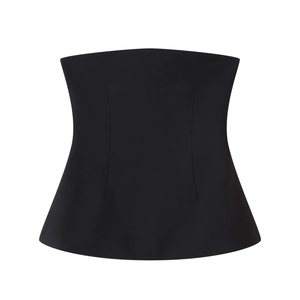 Detail of a black Y2K strapless tube top featuring a ruched waist and flared hem design