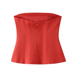 Detail view of red satin tube top showing the invisible zipper back closure and stitching