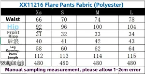 Size chart for V-neck vest and flare pants set showing measurements from XS to L