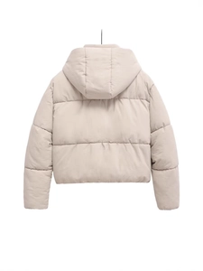 Back view of short hooded puffer jacket with horizontal quilting in light grey matte