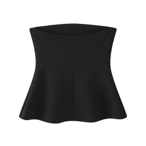 Detailed view of black off-shoulder Y2K tube top with ruffled hem and slim-fit structure