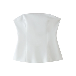 Detailed view of white Y2K strapless tube top with symmetrical front vertical seams