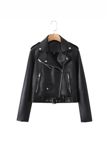 Women Biker PU Leather Jacket Lapel Zipper Belted Short Moto Punk Streetwear Faux Leather Coat Outerwear Black