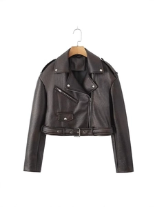 Veste Biker en Similicuir pour Femme Streetwear Court PU Moto Manteau Avec Ceinture Fermeture Éclair Argent Revers Vêtements d'Hiver