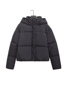 Women's black hooded puffer jacket with short silhouette and horizontal quilting details