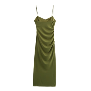 Detail view of olive green ruched midi dress with silk texture and adjustable side strings