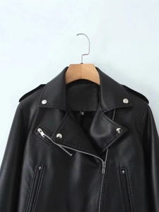 Women's black PU leather biker jacket with wide lapels and silver zipper details