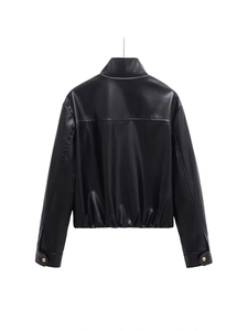 Back view of a black faux leather biker jacket with stand collar and elastic hem