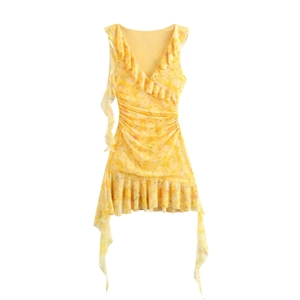 Detailed view of yellow floral mini dress with ruffled V-neck and asymmetric drawstring hem