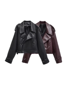 Veste de Motard en Cuir PU Rétro pour Femme Veste Moto Courte à Revers Avec Fermeture Éclair Ceinture à la Taille Épaulettes pour Tenues Streetwear Décontractées