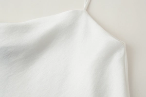 Détail du caraco en satin blanc montrant la texture fluide et les fines bretelles
