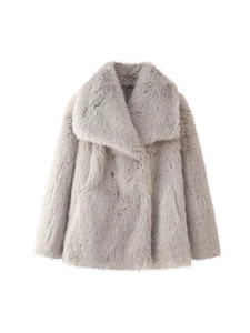 Women Faux Fur Coat Thick Warm Winter Jacket With Notched Lapel Solid Color Long Sleeve Streetwear Outerwear For Ladies