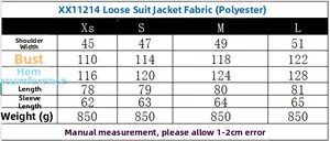 Size chart for loose blazer XX11214 with measurements in cm for XS to L sizes