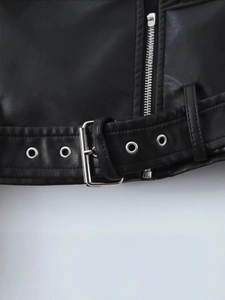 Women black PU leather biker jacket featuring a belted waist with silver metal buckles