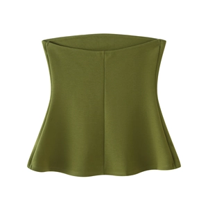 Detail of army green strapless tube top with a peplum hem and pleated design