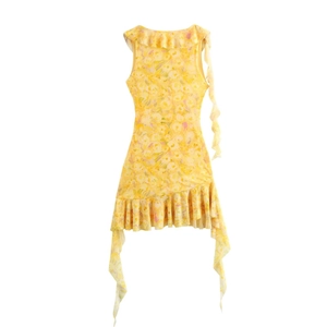Detail of yellow floral mesh mini dress featuring ruffled neckline and asymmetric hem