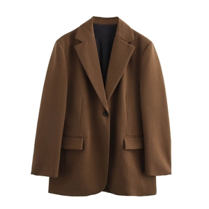 Detail showing high-quality dark brown wool blend fabric and notch lapel of the blazer