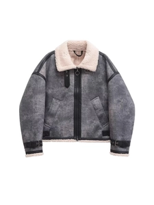 Women Oversized Faux Suede Biker Jacket Lamb Wool Trim Aviator Jacket Long Sleeve Zip Up Warm Winter Outerwear Streetwear