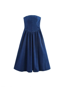 Damen Casual Denim Schlauch-Top Maxi Kleid Gefaltet Schlanke Passform Hohe Taille Ärmellos Lange Jeans Kleid Streetwear