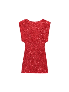 Sparkly red sequin Y2K backless mini party dress with shoulder pads and metallic shine