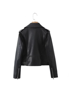 Back view of a black faux leather biker jacket with belt and zipper cuffs on a hanger