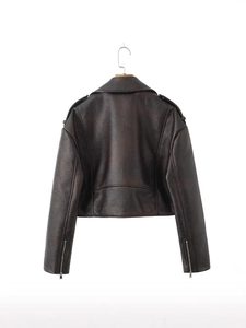 Veste de motard vintage en simili cuir marron foncé avec détails de zips argentés