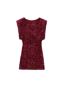 Elegant burgundy Y2K backless sequin mini dress with shoulder pads for party wear