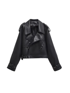 Veste de motard courte en cuir PU noir avec revers et fermeture éclair pour femmes