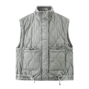 Detail of light grey quilted vest with large pockets, stand collar and drawstring hem