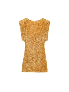 Y2K champagne gold sequin mini party dress with shoulder pads and backless design