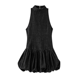 Detail view of dark grey denim balloon dress featuring a high neck and sleeveless design