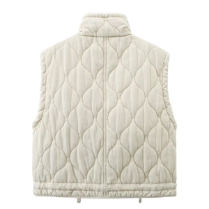 Detail of beige quilted vest featuring standing collar and unique water-drop wavy stitching