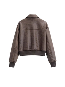 Back view of brown faux leather bomber jacket with vintage texture and ribbed trim