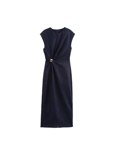 Robe en Denim Sans Manches Femme Ornement Métallique Doré Détail Plissé Torsion Col Rond Bleu Foncé Street Style Maxi
