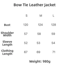 Size chart detail for the bow PU leather jacket showing S, M, L measurements and weight