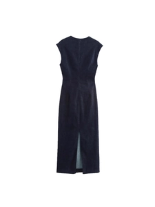 Robe midi en denim bleu foncé avec fermeture éclair au dos et fente en coupe ajustée
