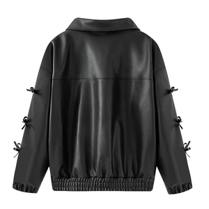 Rear view of black PU leather jacket featuring bowknot details on sleeves and elastic hem