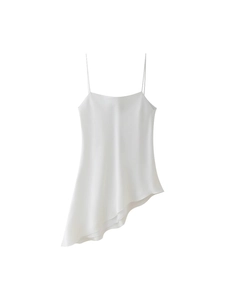 Débardeur Camisole Blanc Asymétrique en Satin pour Femmes Sexy Dos Nu Fines Bretelles Minimaliste Sans Manches Chemise d'Été