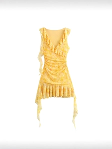 Women Summer Yellow Floral Print Mesh Mini Dress V-Neck Ruffle Sleeveless Ruched Bodycon Party Vacation Sleeveless Dress