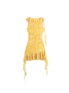 Yellow floral mesh sleeveless mini dress with ruffles and asymmetric hem on white background
