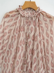 French chic apricot paisley chiffon blouse with gold lurex metallic stripes and ruffle neck